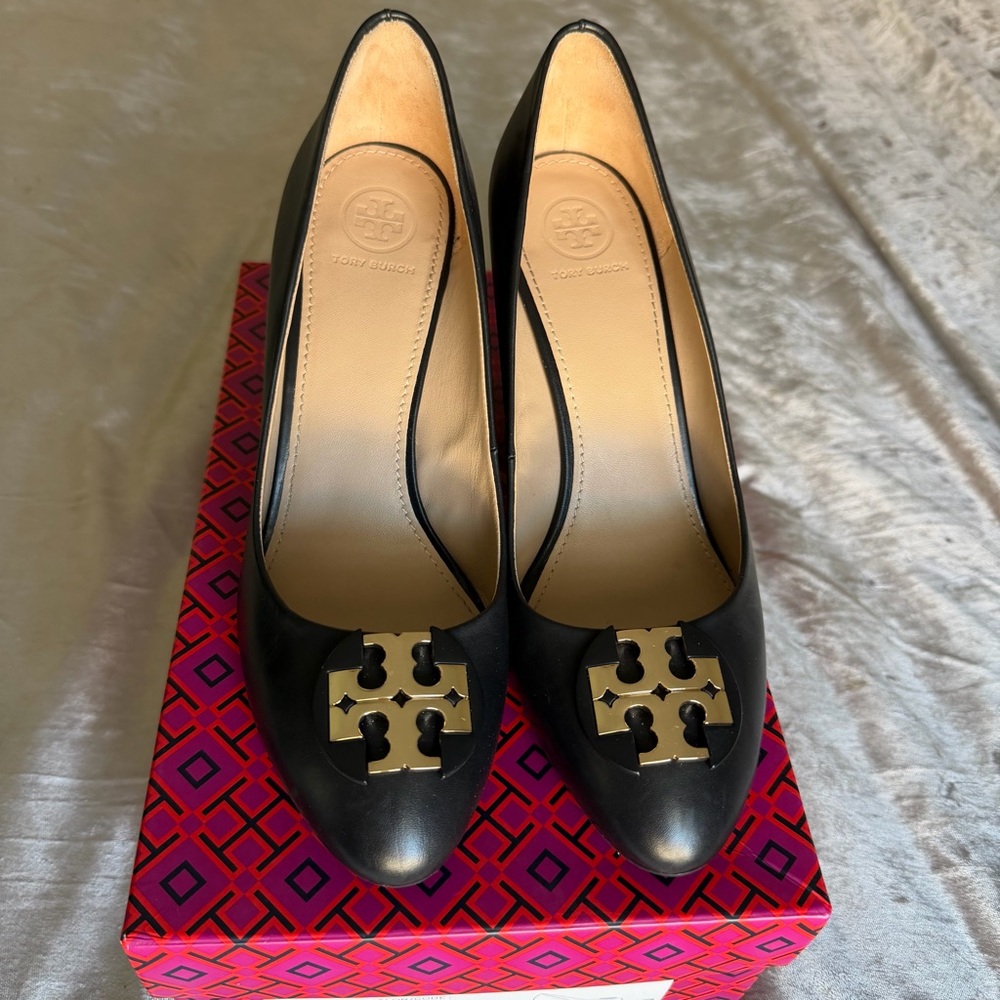 Tory Burch Black Leather Heels with Gold Emblem